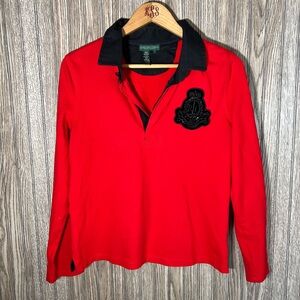 Ralph Lauren Red Black Beaded Patch 1/4 Button Down Blouse Top Holiday